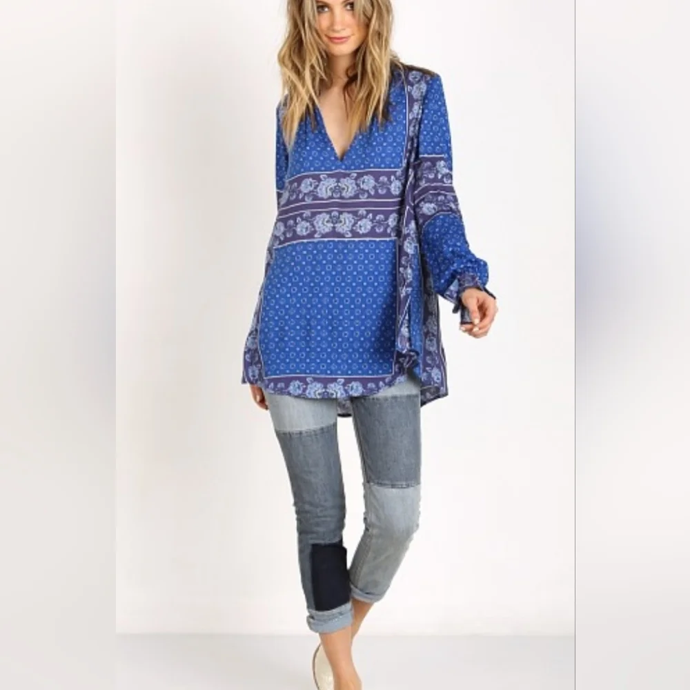 Free People Changing Time True Blue Women's Boho Festive Tunic Top sz S